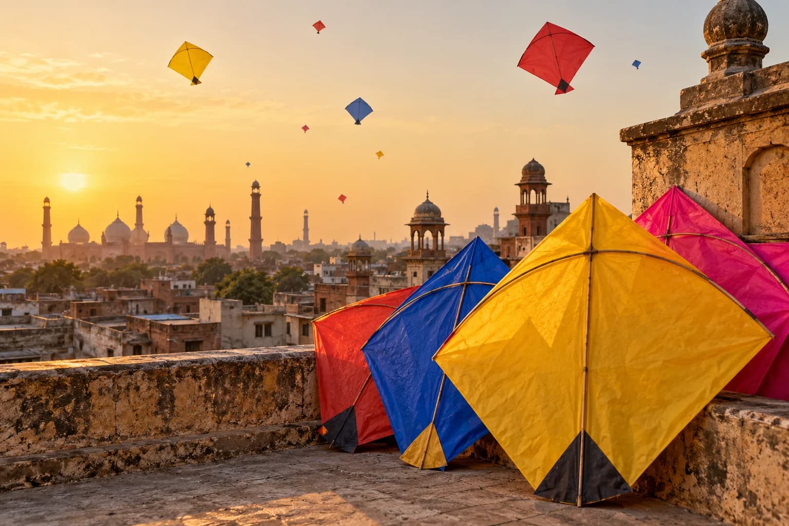 Colorful traditional paper kites on a sunlit Lahore rooftop